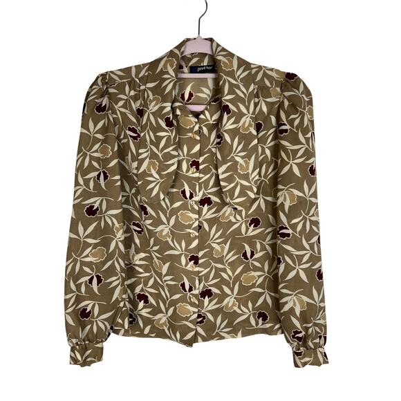 Panther Tops - Vintage Panther Taupe Ivory Burgundy Button Up Lightweight Blouse Top Size S